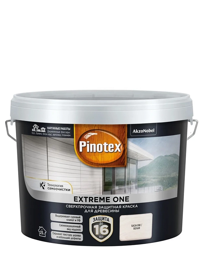 Краска для деревянных фасадов акриловая Pinotex Extreme One база BW полуматовая 9 л.