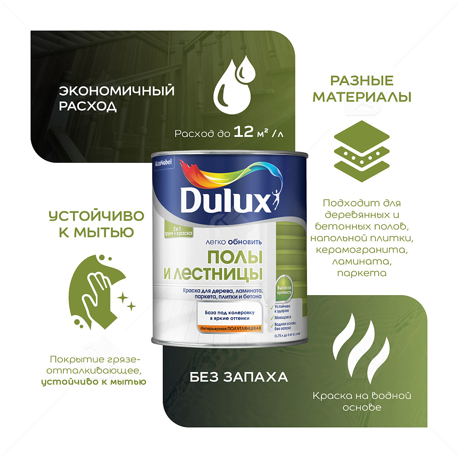 Краска для напольных покрытий водно-дисперсионная Dulux Полы и лестницы полуглянцевая база BW 2 л.